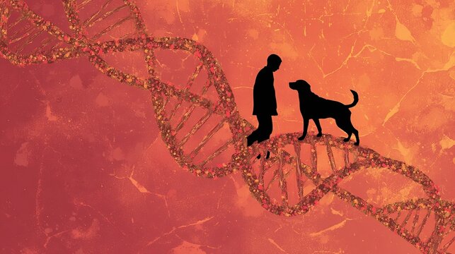 Interwoven dog and human silhouettes against DNA, symbolizing shared health journeys.