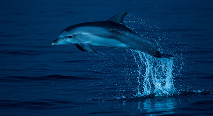 Fototapeta premium Graceful dolphin leaps from deep blue ocean water creating dynamic splash, pure nature wonder