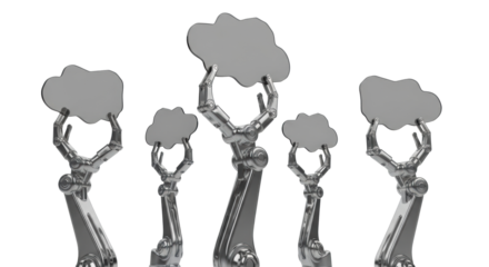 Identical polished chrome robotic arms precisely hold translucent dark data panels on a transparent background, concept of sophisticated AI and data processing