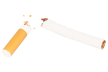 Broken Cigarette with Tobacco Spilling Out on White Background