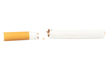 Broken Cigarette with Tobacco Spilling Out on White Background
