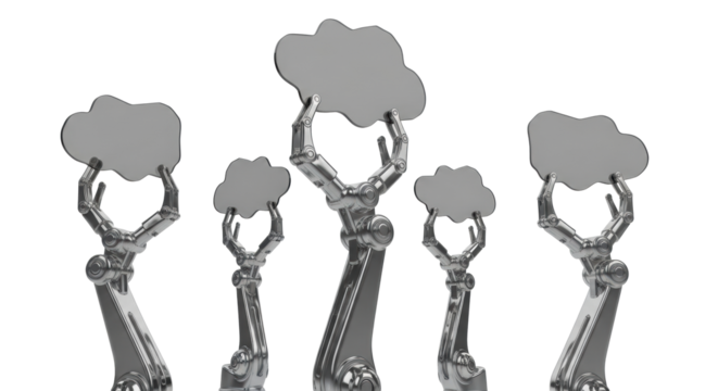 Identical polished chrome robotic arms precisely hold translucent dark data panels on a transparent background, concept of sophisticated AI and data processing - Powered by Adobe