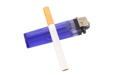 Cigarette and Lighter on White Background Smoking Concept
