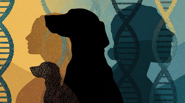 Interwoven dog and human silhouettes against DNA, symbolizing shared health journeys.