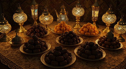 Festive Ramadan spread with dates and ornate lanterns creates warm, inviting atmosphere