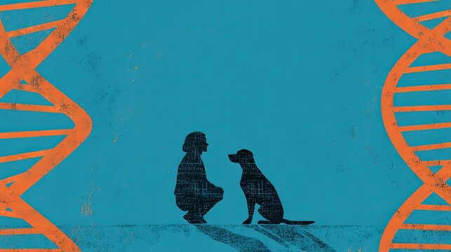 Interwoven dog and human silhouettes against DNA, symbolizing shared health journeys.