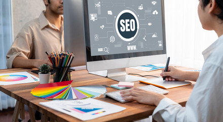 SEO search engine optimization for brisk e-commerce and online retail business showing on computer...