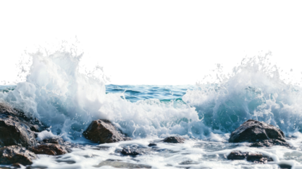 Powerful Ocean Waves Crashing on Rocks with Splash and Foam Isolated on white Background