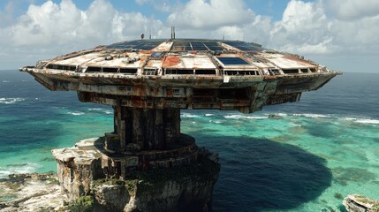 Rusty Disc Shaped Ocean Ruins Under Partly Cloudy Sky