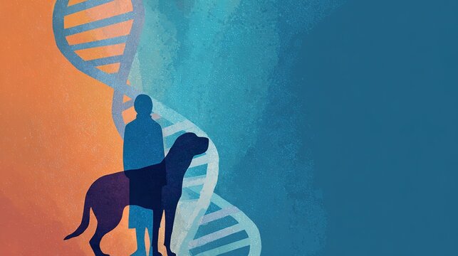 Interwoven dog and human silhouettes against DNA, symbolizing shared health journeys.