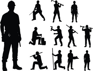 Obraz premium Silhouettes of construction workers wearing helmets, holding tools, performing various tasks, industrial safety, manual labor, building site work, construction team vector set