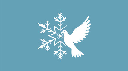 Obraz premium A stylized white dove in flight superimposed over a white snowflake against a light blue background