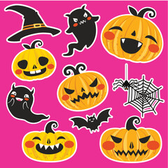 Cute Halloween team of little ghosts, pumpkins, bats, spiders in various poses for use as Halloween illustrations.