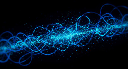 Dynamic blue energy waves pulse with sparkling particles creating a futuristic, abstract light show