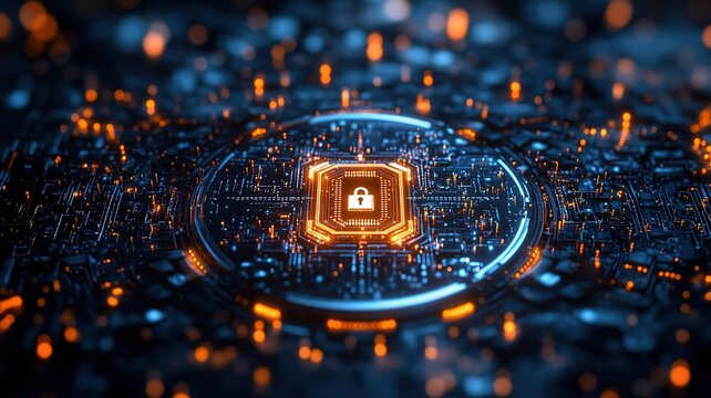 Glowing Padlock Data Security Icon - Orange Lock with Blue Halo for Cybersecurity and Encryption Technology