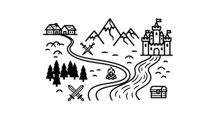 adventure map illustration castle, river, mountains, swords, treasure