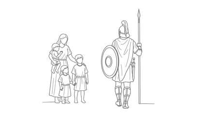 Obraz premium ancient greek family and warrior mother, children, soldier, shield, spear