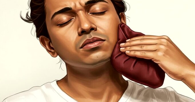 Man applying cold pack to face for pain relief at home