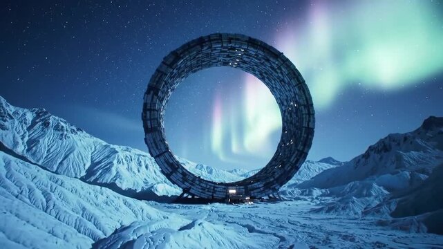 Futuristic Ring Structure in Snowy Mountains Under Aurora Borealis