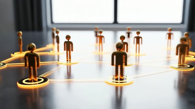 Golden Humanoid Figures Linked in a Network on Dark Grey Surface