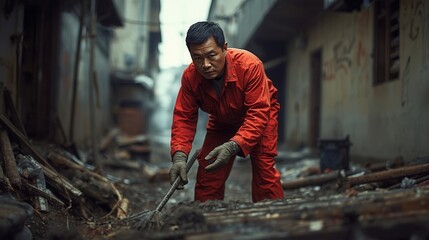 man in red jumpsuit cleaning polluted area 