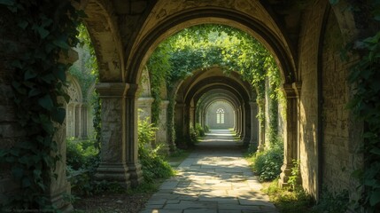 Obraz premium ivy covered stone monastery cloister pathway