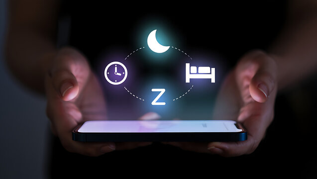 Hands holding a smartphone displaying a sleep tracking app with icons for moon bed clock and the letter z representing rest and digital wellness