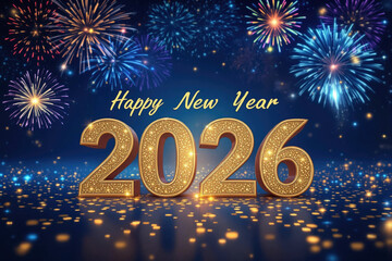 Golden 2026 New Year Celebration with Fireworks on a Dark Blue Background Festive Design