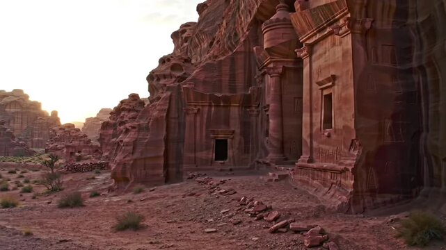 Ancient Rock-Cut Temple in Desert at Sunset
