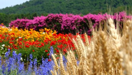 Vibrant Field of Flowers and Wheat Under a Hillside.