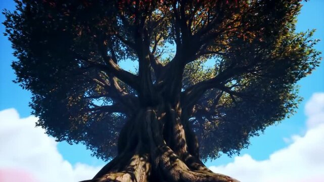 Majestic Ancient Tree with Glowing Roots Under a Blue Sky