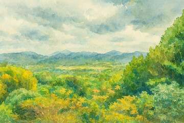 Obraz premium Verdant Valley with Misty Mountains