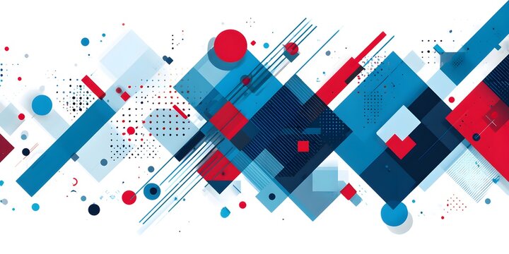 Dynamic abstract geometric background with red and blue squares, circles, and lines, symbolizing modern technology, data, and digital connection.