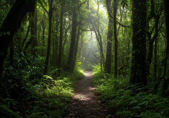 Fototapeta premium Enchanting Sunlight Rays Piercing Through Lush Tropical Forest Path