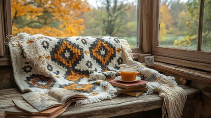 Handwoven wool wrap with earth toned patterns laid on a rustic wooden bench complemented by a warm cup of tea books and blankets evoking a cozy autumnal vibe