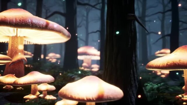 Glowing Mushrooms in Dark Forest at Night