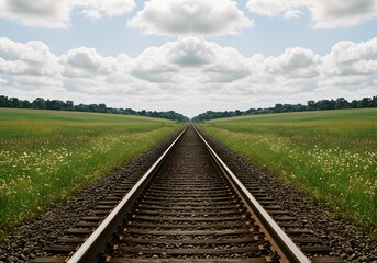 Obraz premium Scenic Railway Tracks Disappearing into a Green Field Horizon