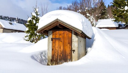 Small wooden shed covered in thick snow in a winter landscape.