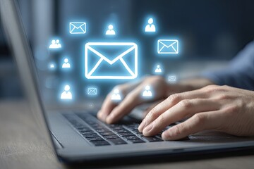 Hands typing on laptop with email icons overlay