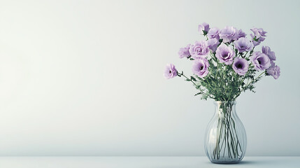 Eustoma flowers in vase on table near white wall spa ai generative