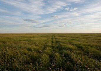 Fototapeta premium Vast Green Grassy Field Extending to the Horizon Under Blue Sky