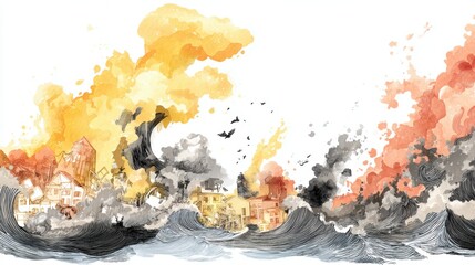 Dramatic watercolor ocean wave with fire.