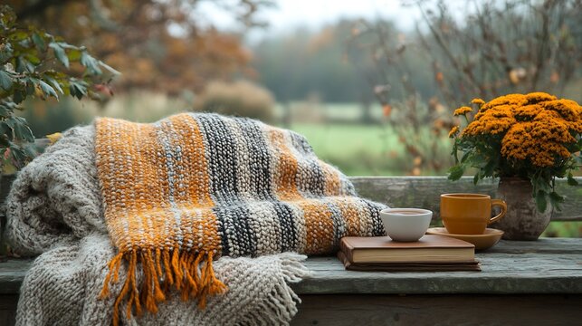Handwoven wool wrap with earth toned patterns laid on a rustic wooden bench complemented by a warm cup of tea books and blankets evoking a cozy autumnal vibe
