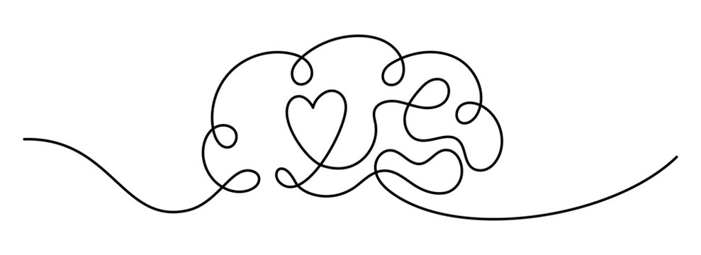 Brain with heart inside. One line drawing. Minimalist one line art symbolizing balance of mind and feelings, psychology, emotional intelligence, love, mental health, connection of logic and emotion.