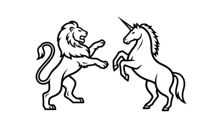 Fototapeta premium majestic lion and unicorn classic heraldry, regal creatures, mythical beasts, line art, black and white