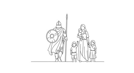 medieval warrior family father, mother, and children line art illustration