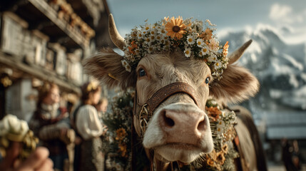 Decorated Alpine cow in Almabtrieb village parade.