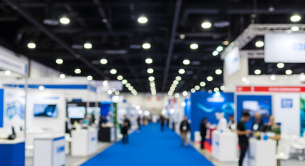Abstract Blurred View of Busy Indoor Trade Show with Blue Carpet Exhibition Stands and Bright Overhead Lighting