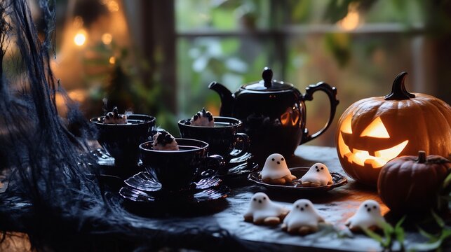 Halloween tea set with dark teacups a pumpkin shaped teapot and ghost shaped cookies set on a spooky table with spider webs and dim lighting perfect for a Halloween tea party