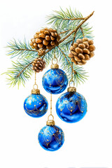 Christmas Ornament and Pine Cones Watercolor Illustration
